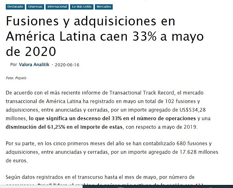 Fusiones y adquisiciones en Amrica Latina caen 33% a mayo de 2020